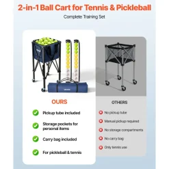 VEVOR 2-in-1 Tennis & Pickleball Hopper, with Pickup Tube, Foldable Pickleball Basket Cart with with Wheels, Holds 150 Tennis Balls or 260 Pickleballs, Portable Pickleball Caddy Holder, for Training