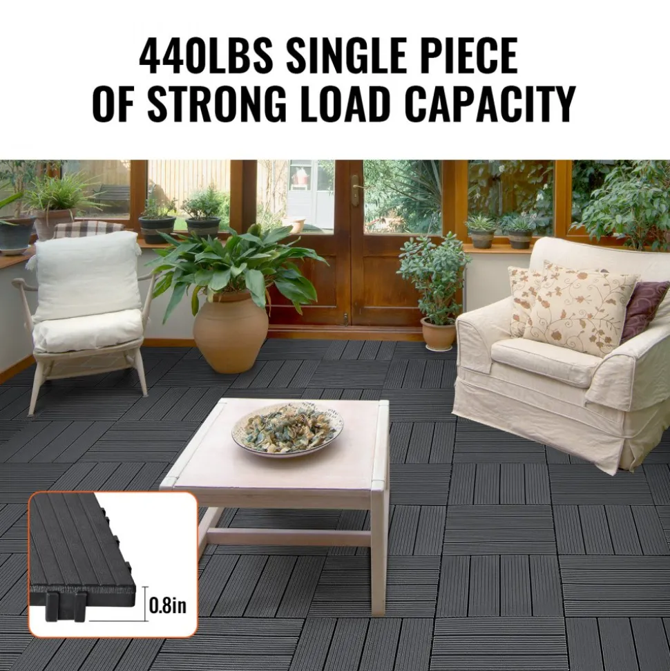 VEVOR Interlocking Deck Tiles, 54 Pack,12"x12" 54 sq. ft Plastic Waterproof Outdoor Flooring All Weather Use, Patio Floor Decking Covering Tiles for Porch Poolside Balcony Backyard, Dark Grey