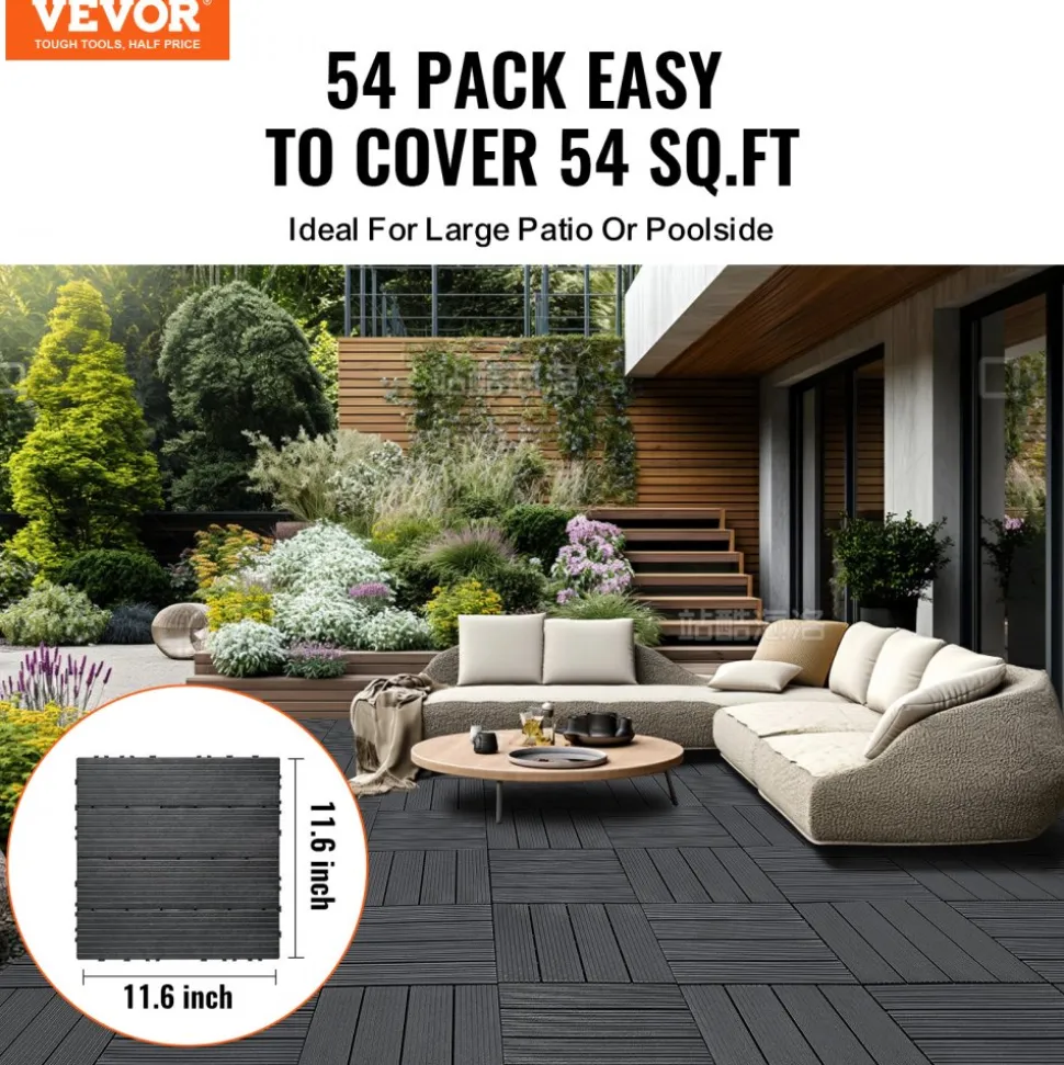 VEVOR Interlocking Deck Tiles, 54 Pack,12"x12" 54 sq. ft Plastic Waterproof Outdoor Flooring All Weather Use, Patio Floor Decking Covering Tiles for Porch Poolside Balcony Backyard, Dark Grey