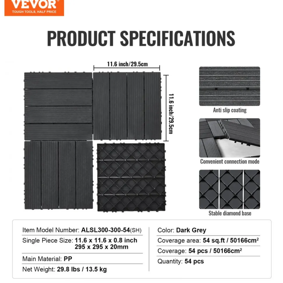 VEVOR Interlocking Deck Tiles, 54 Pack,12"x12" 54 sq. ft Plastic Waterproof Outdoor Flooring All Weather Use, Patio Floor Decking Covering Tiles for Porch Poolside Balcony Backyard, Dark Grey