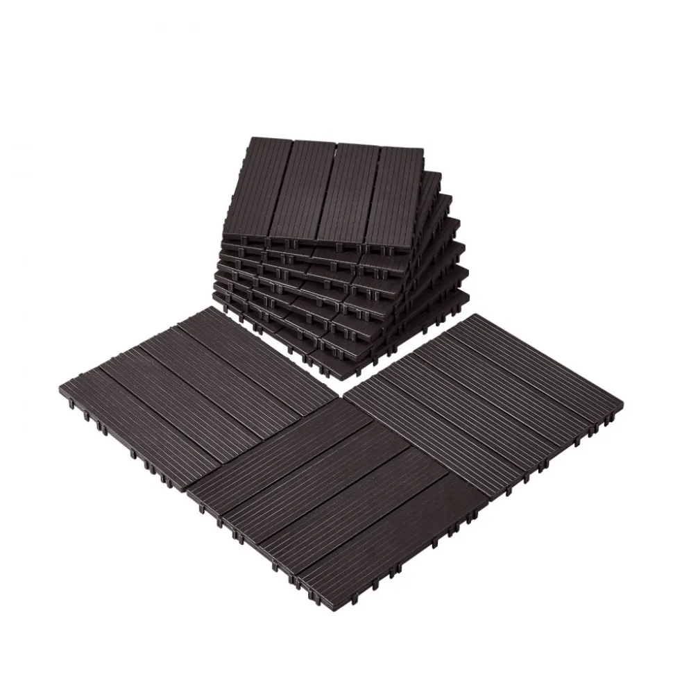 VEVOR Interlocking Deck Tiles Plastic Wood, 10 Pack,12"x12" 10 sq. ft Waterproof Outdoor Flooring All Weather Use, Patio Floor Decking Covering Tiles for Porch Poolside Balcony Backyard, Dark Brown