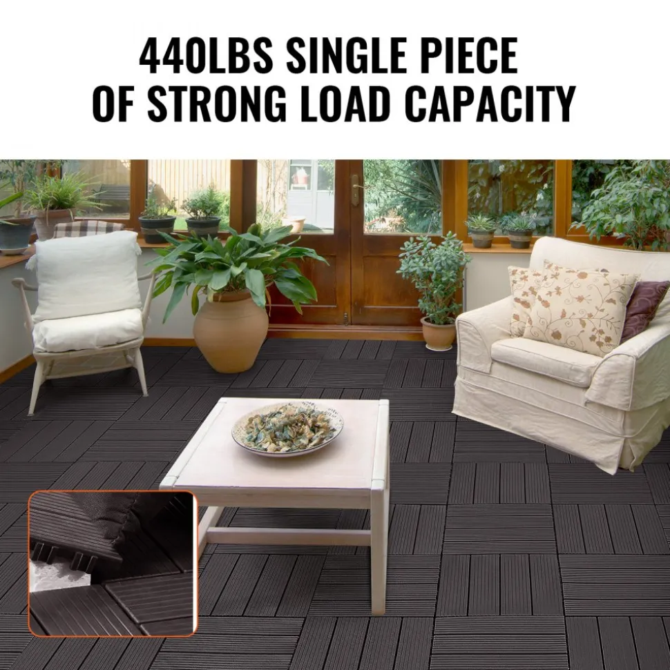 VEVOR Interlocking Deck Tiles Plastic Wood, 10 Pack,12"x12" 10 sq. ft Waterproof Outdoor Flooring All Weather Use, Patio Floor Decking Covering Tiles for Porch Poolside Balcony Backyard, Dark Brown