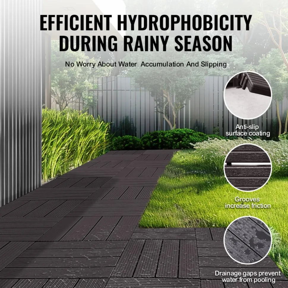 VEVOR Interlocking Deck Tiles Plastic Wood, 10 Pack,12"x12" 10 sq. ft Waterproof Outdoor Flooring All Weather Use, Patio Floor Decking Covering Tiles for Porch Poolside Balcony Backyard, Dark Brown