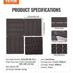 VEVOR Interlocking Deck Tiles Plastic Wood, 10 Pack,12