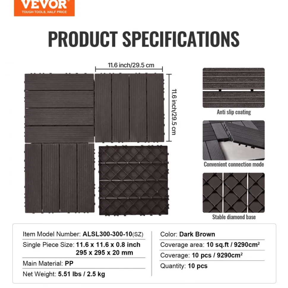 VEVOR Interlocking Deck Tiles Plastic Wood, 10 Pack,12"x12" 10 sq. ft Waterproof Outdoor Flooring All Weather Use, Patio Floor Decking Covering Tiles for Porch Poolside Balcony Backyard, Dark Brown