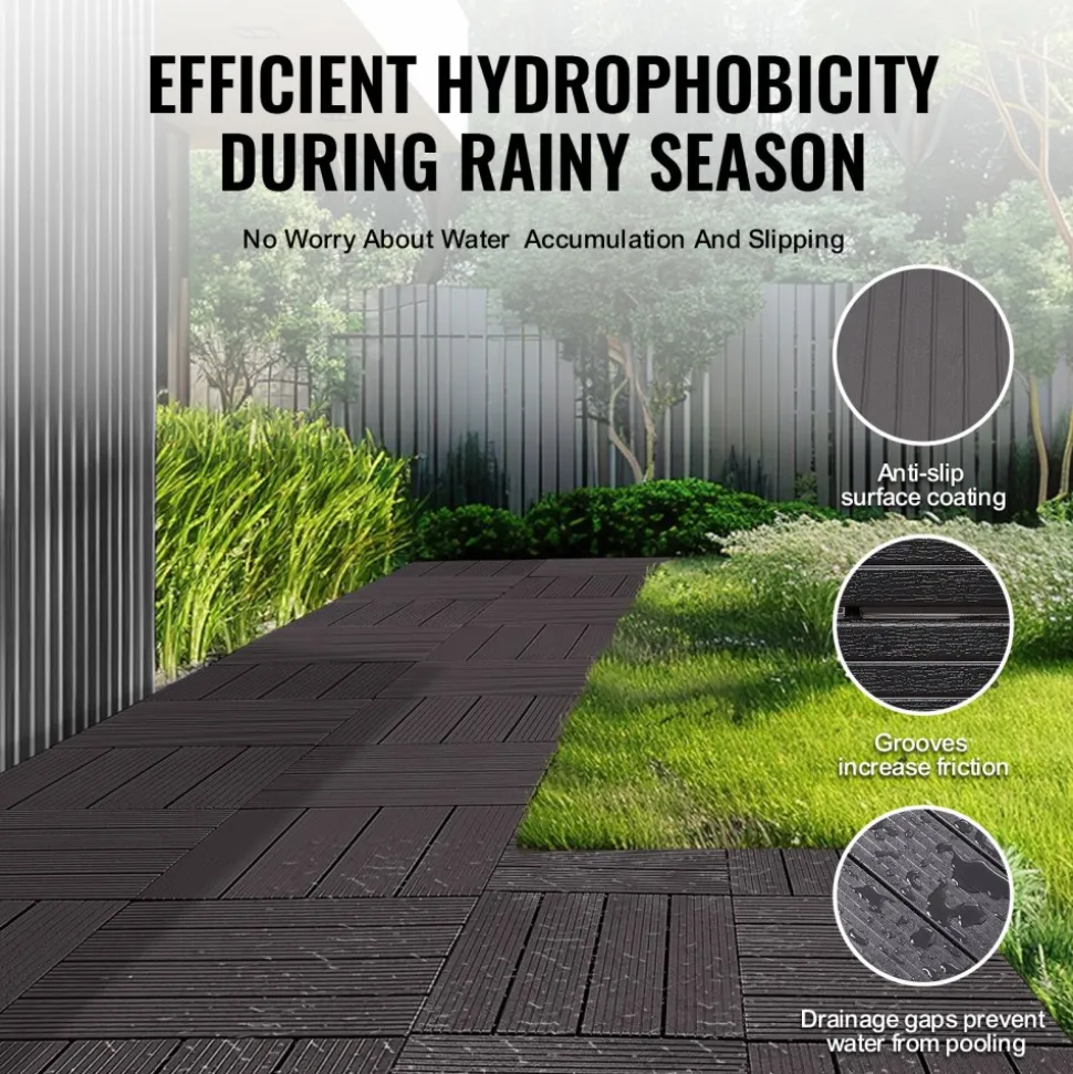 VEVOR Interlocking Deck Tiles, 54 Pack,12"x12" 54 sq. ft Plastic Waterproof Outdoor Flooring All Weather Use, Patio Floor Decking Covering Tiles for Porch Poolside Balcony Backyard, Dark Brown