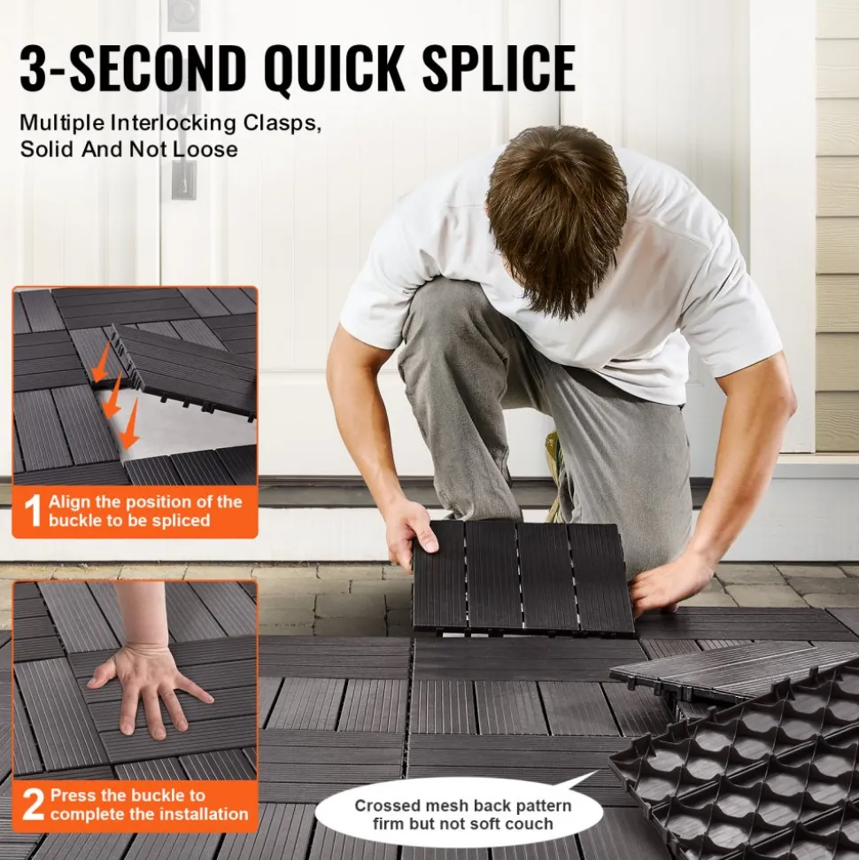 VEVOR Interlocking Deck Tiles, 54 Pack,12"x12" 54 sq. ft Plastic Waterproof Outdoor Flooring All Weather Use, Patio Floor Decking Covering Tiles for Porch Poolside Balcony Backyard, Dark Brown