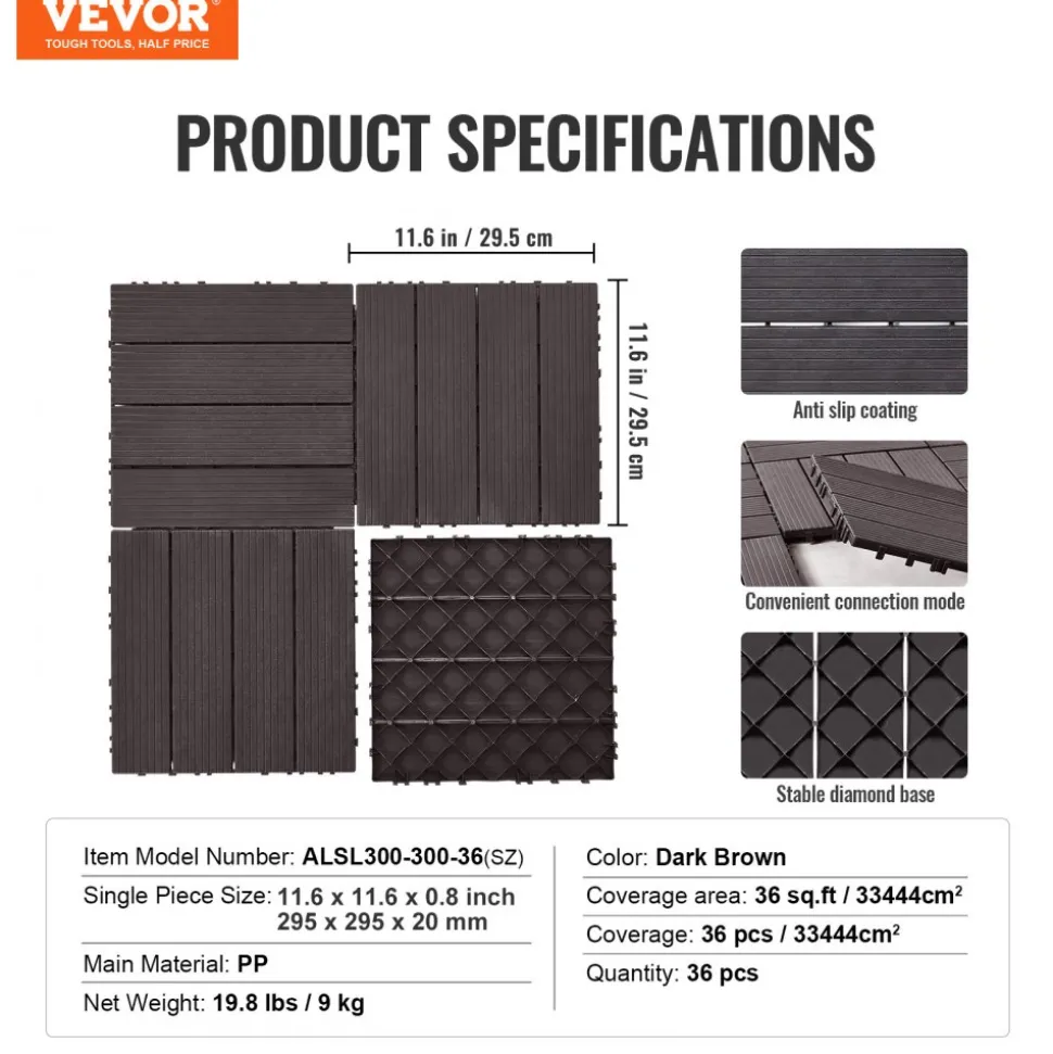 VEVOR Interlocking Deck Tiles, 54 Pack,12"x12" 54 sq. ft Plastic Waterproof Outdoor Flooring All Weather Use, Patio Floor Decking Covering Tiles for Porch Poolside Balcony Backyard, Dark Brown