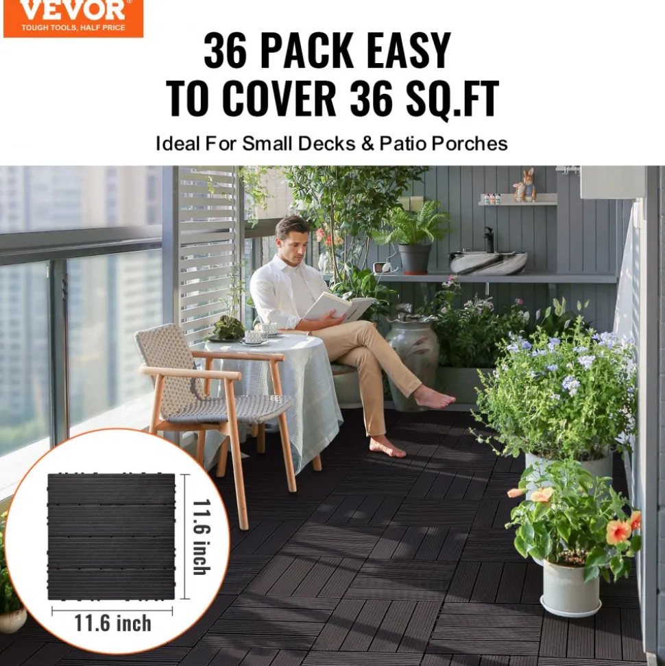 VEVOR Interlocking Deck Tiles, 54 Pack,12"x12" 54 sq. ft Plastic Waterproof Outdoor Flooring All Weather Use, Patio Floor Decking Covering Tiles for Porch Poolside Balcony Backyard, Dark Brown