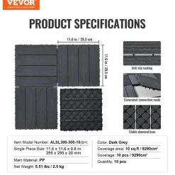 VEVOR Interlocking Deck Tiles, 10 Pack,12"x12" 10 sq. ft Plastic Waterproof Outdoor Flooring All Weather Use, Patio Floor Decking Covering Tiles for Porch Poolside Balcony Backyard, Dark Grey