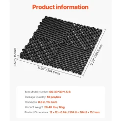 VEVOR Interlocking Drainage Mat, 12” x 12” Modular Interlocking Cushion, 50 Pcs Splicing Drainage Mats, Non-Slip Black PP Drainage Floor Tile and Shower Mat, for Garage, Garden, Kitchen & Outdoor