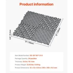 VEVOR Interlocking Drainage Mat, 12” x 12” Modular Interlocking Cushion, 24 Pcs Splicing Drainage Mats, Non-Slip Gray PP Drainage Floor Tile and Shower Mat, for Garage, Garden, Kitchen & Outdoor