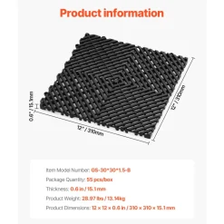 VEVOR Interlocking Drainage Mat, 12” x 12” Modular Interlocking Cushion, 55 Pcs Splicing Drainage Mats, Non-Slip Black PP Drainage Floor Tile and Shower Mat, for Garage, Garden, Kitchen & Outdoor
