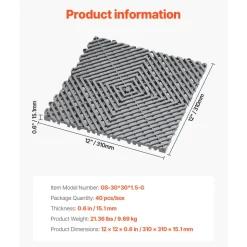 VEVOR Interlocking Drainage Mat, 12” x 12” Modular Interlocking Cushion, 40 Pcs Splicing Drainage Mats, Non-Slip Gray PP Drainage Floor Tile and Shower Mat, for Garage, Garden, Kitchen & Outdoor