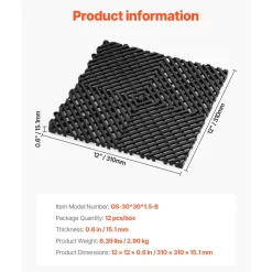 VEVOR Interlocking Drainage Mat, 12” x 12” Modular Interlocking Cushion, 12 Pcs Splicing Drainage Mats, Non-Slip Black PP Drainage Floor Tile and Shower Mat, for Garage, Garden, Kitchen & Outdoor