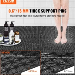 VEVOR Interlocking Tile 55PCS Black, Drainage Tiles 12" x 12" Splicing, Soft PVC Interlocking Drainage Floor Tiles, Non-Slip Drainage Holes for Restroom, Bathroom, Kitchen, Pool, Wet Areas