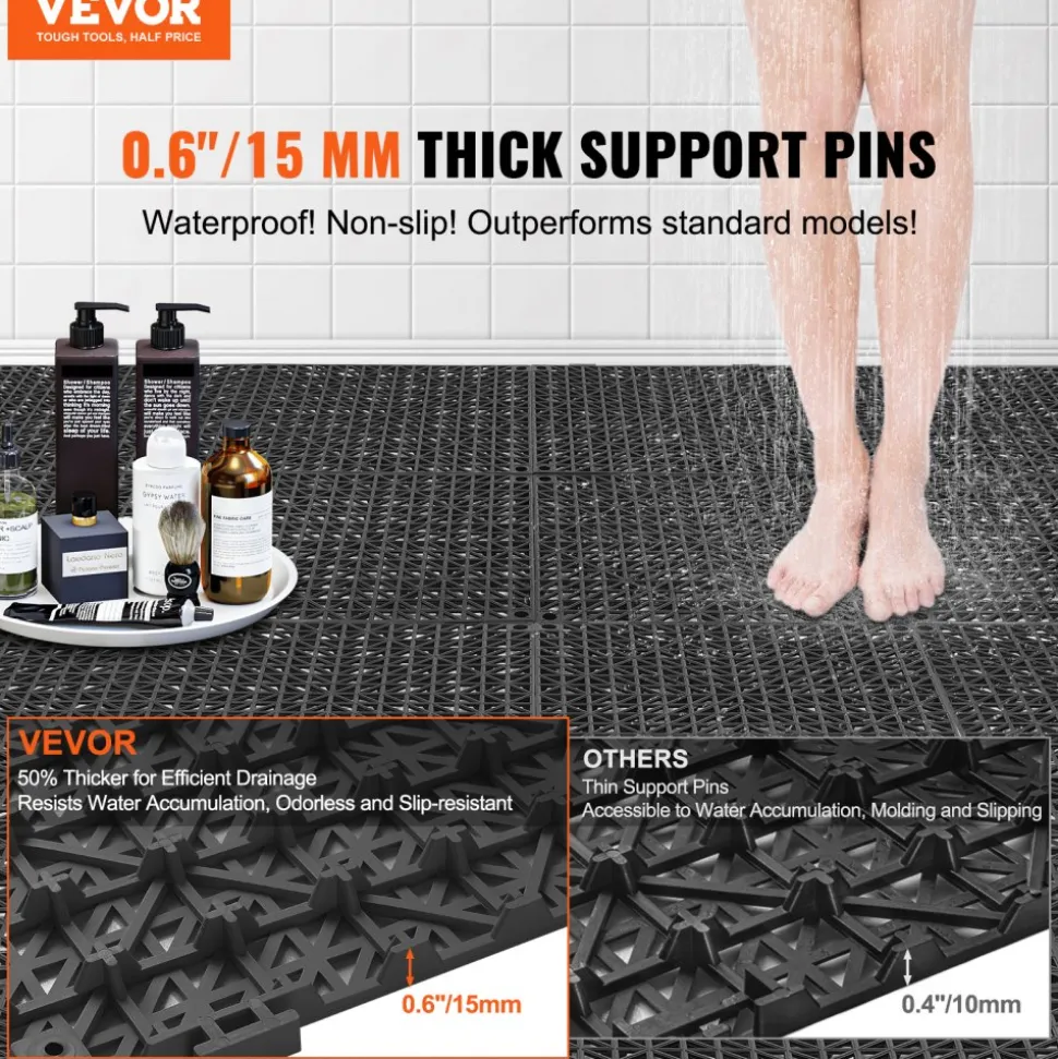 VEVOR Interlocking Tile 55PCS Black, Drainage Tiles 12" x 12" Splicing, Soft PVC Interlocking Drainage Floor Tiles, Non-Slip Drainage Holes for Restroom, Bathroom, Kitchen, Pool, Wet Areas