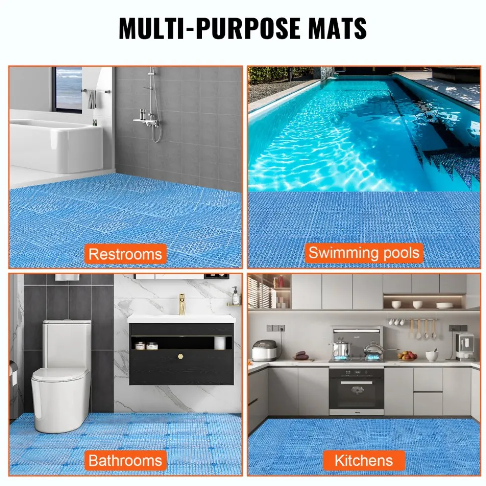 VEVOR Interlocking Tile 55PCS Blue, Drainage Tiles 12" x 12" Splicing, Soft PVC Interlocking Drainage Floor Tiles, Non-Slip Drainage Holes for Restroom, Bathroom, Kitchen, Pool, Wet Areas, Blue