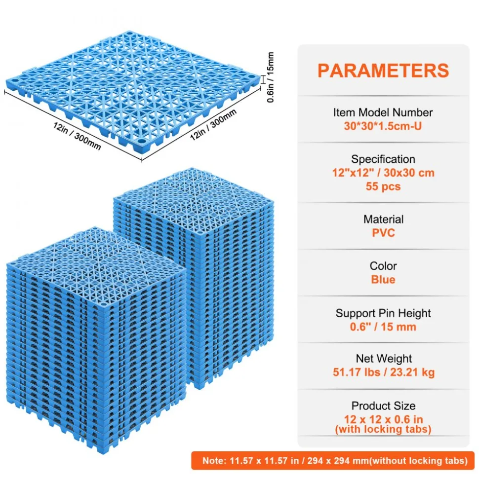 VEVOR Interlocking Tile 55PCS Blue, Drainage Tiles 12" x 12" Splicing, Soft PVC Interlocking Drainage Floor Tiles, Non-Slip Drainage Holes for Restroom, Bathroom, Kitchen, Pool, Wet Areas, Blue