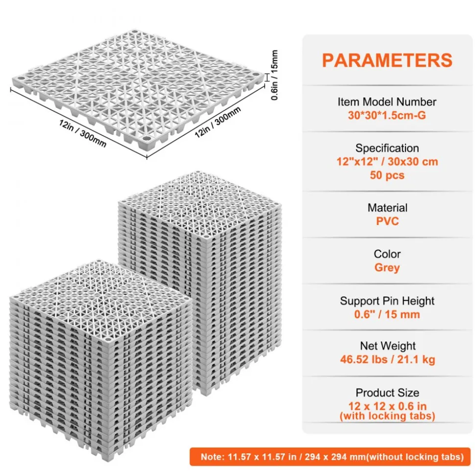 VEVOR Interlocking Tile 50PCS Gray, Drainage Tiles 12" x 12" Splicing, Soft PVC Interlocking Drainage Floor Tiles, Non-Slip Drainage Holes for Restroom, Bathroom, Kitchen, Pool, Wet Areas