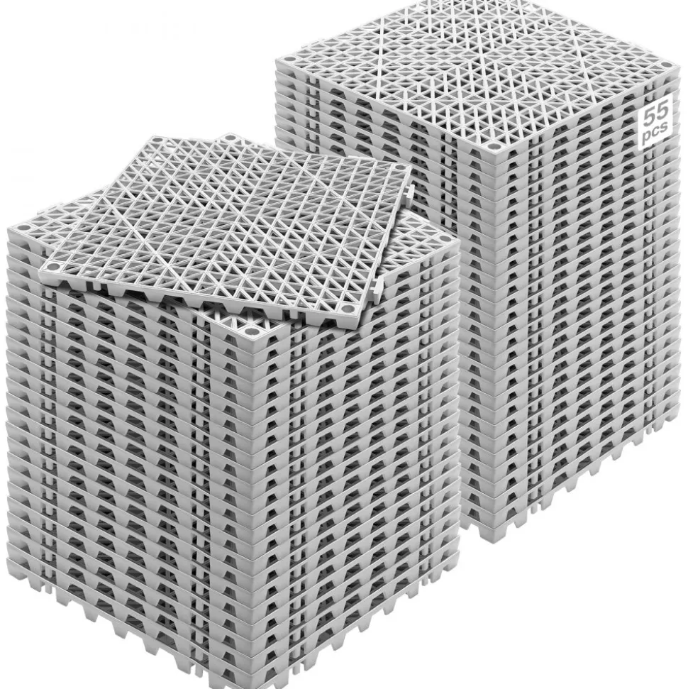 VEVOR Interlocking Tile 55PCS Grey, Drainage Tiles 12" x 12"x 0.6 Splicing, Soft PVC Interlocking Floor Tiles, Non-Slip Drainage Holes for Restroom, Bathroom, Kitchen, Pool, Wet Area