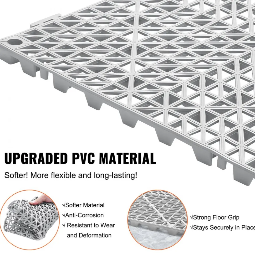 VEVOR Interlocking Tile 55PCS Grey, Drainage Tiles 12" x 12"x 0.6 Splicing, Soft PVC Interlocking Floor Tiles, Non-Slip Drainage Holes for Restroom, Bathroom, Kitchen, Pool, Wet Area