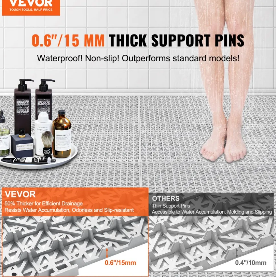 VEVOR Interlocking Tile 55PCS Grey, Drainage Tiles 12" x 12"x 0.6 Splicing, Soft PVC Interlocking Floor Tiles, Non-Slip Drainage Holes for Restroom, Bathroom, Kitchen, Pool, Wet Area