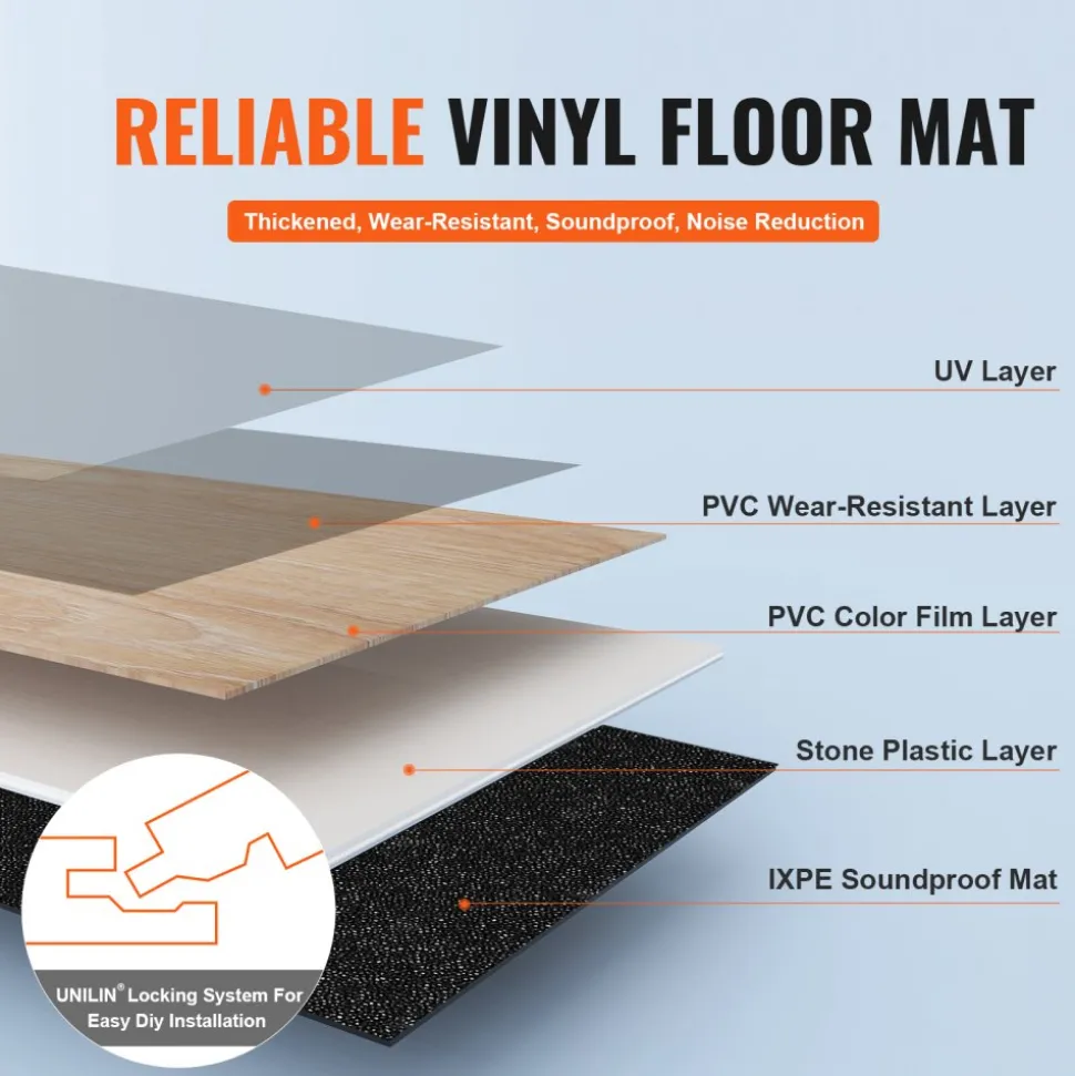 VEVOR Interlocking Vinyl Floor Tiles 48 x 7.3 inch, 10 Tiles 5.5mm Thick Snap Together, Natural Wood Grain DIY Flooring for Kitchen, Dining Room, Bedrooms & Bathrooms, Easy for Home Decor
