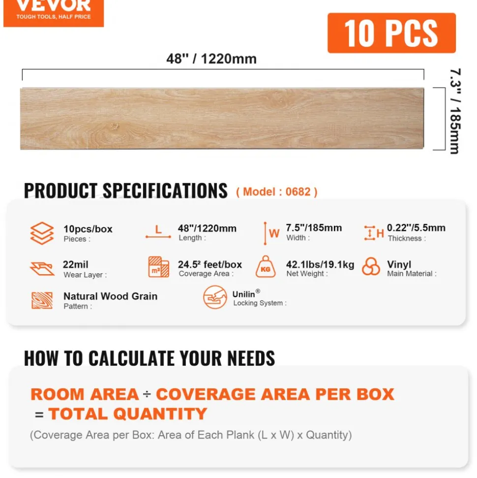 VEVOR Interlocking Vinyl Floor Tiles 48 x 7.3 inch, 10 Tiles 5.5mm Thick Snap Together, Natural Wood Grain DIY Flooring for Kitchen, Dining Room, Bedrooms & Bathrooms, Easy for Home Decor