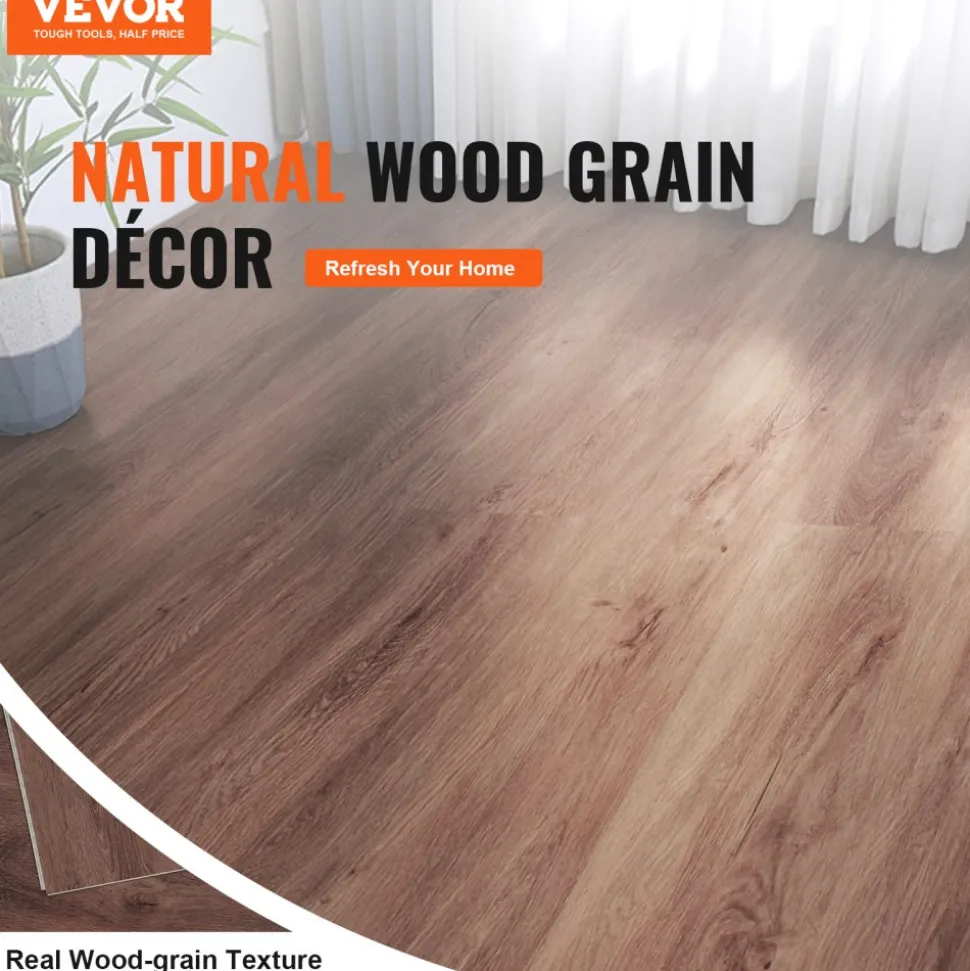 VEVOR Interlocking Vinyl Floor Tiles 48 x 7.3 inch, 10 Tiles 5.5mm Thick Snap Together, Deep Brown Wood Grain DIY Flooring for Kitchen, Dining Room, Bedrooms & Bathrooms, Easy for Home Decor