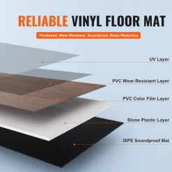 VEVOR Interlocking Vinyl Floor Tiles 48 x 7.3 inch, 10 Tiles 5.5mm Thick Snap Together, Deep Brown Wood Grain DIY Flooring for Kitchen, Dining Room, Bedrooms & Bathrooms, Easy for Home Decor