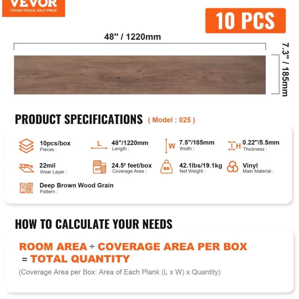 VEVOR Interlocking Vinyl Floor Tiles 48 x 7.3 inch, 10 Tiles 5.5mm Thick Snap Together, Deep Brown Wood Grain DIY Flooring for Kitchen, Dining Room, Bedrooms & Bathrooms, Easy for Home Decor