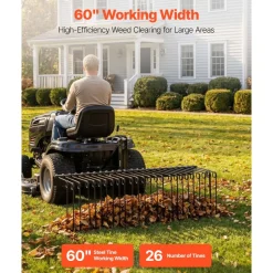 VEVOR 60 in Tow Behind Landscape Rake, 3 Point Hitch Lawn Dethatcher Rake, 26 Spring Steel Tines, for Category 1 Tractors, Heavy Duty & Rust-Resistant Rakes Tractor Attachments for Leaves Pine Needles