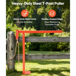 VEVOR 32 in T Post Puller, Heavy Duty Fence Post Puller with 43 in Lifting Chain, Rust-Resistant Steel, Labor-Saving T-Post Remover Tool for Round Fence Posts, Sign Posts & Tree Stumps