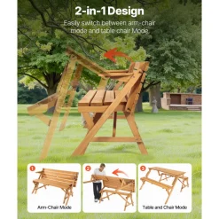 VEVOR 2-in-1 Transforming Interchangeable Picnic Table, Outdoor Wooden Table and Bench Set, Portable Foldable Bench with Umbrella Hole, Patio Dining Furniture for Garden, Backyard, Porch (Brown)