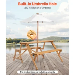VEVOR 2-in-1 Transforming Interchangeable Picnic Table, Outdoor Wooden Table and Bench Set, Portable Foldable Bench with Umbrella Hole, Patio Dining Furniture for Garden, Backyard, Porch (Brown)