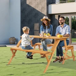 VEVOR 2-in-1 Transforming Interchangeable Picnic Table, Outdoor Wooden Table and Bench Set, Portable Foldable Bench with Umbrella Hole, Patio Dining Furniture for Garden, Backyard, Porch (Brown)