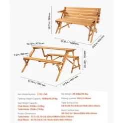 VEVOR 2-in-1 Transforming Interchangeable Picnic Table, Outdoor Wooden Table and Bench Set, Portable Foldable Bench with Umbrella Hole, Patio Dining Furniture for Garden, Backyard, Porch (Brown)