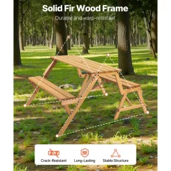 VEVOR 2-in-1 Transforming Interchangeable Picnic Table, Outdoor Wooden Table and Bench Set, Portable Foldable Bench with Umbrella Hole, Patio Dining Furniture for Garden, Backyard, Porch (Brown)