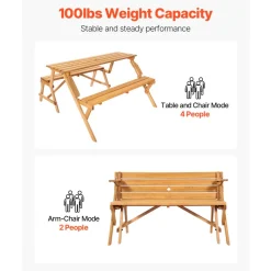 VEVOR 2-in-1 Transforming Interchangeable Picnic Table, Outdoor Wooden Table and Bench Set, Portable Foldable Bench with Umbrella Hole, Patio Dining Furniture for Garden, Backyard, Porch (Brown)