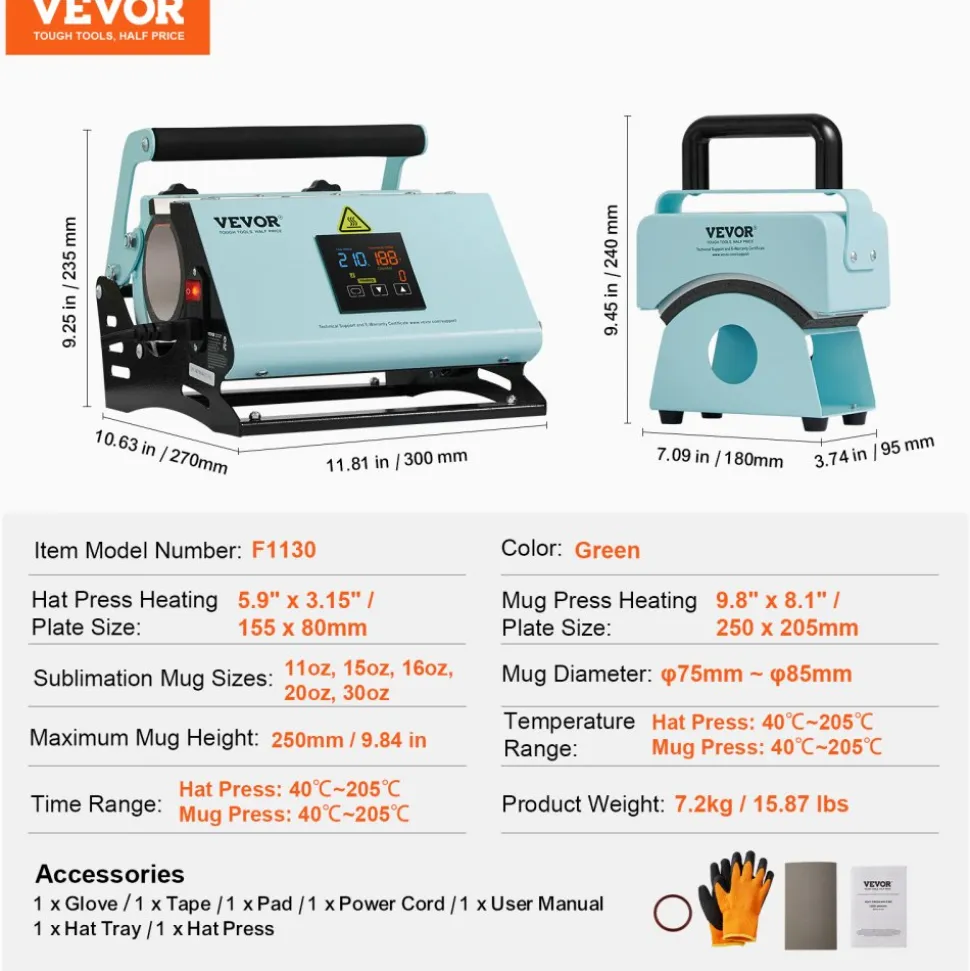VEVOR 2 in 1 Tumbler and Hat Heat Press Machine, Mini Hat Heat Press for Caps and Hats, Tumbler Heat Press for 11-30oz Sublimation Tumblers and Mugs, Temperature and Time Control, Green
