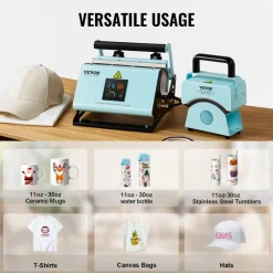VEVOR 2 in 1 Tumbler and Hat Heat Press Machine, Mini Hat Heat Press for Caps and Hats, Tumbler Heat Press for 11-30oz Sublimation Tumblers and Mugs, Temperature and Time Control, Green