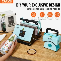 VEVOR 2 in 1 Tumbler and Hat Heat Press Machine, Mini Hat Heat Press for Caps and Hats, Tumbler Heat Press for 11-30oz Sublimation Tumblers and Mugs, Temperature and Time Control, Green