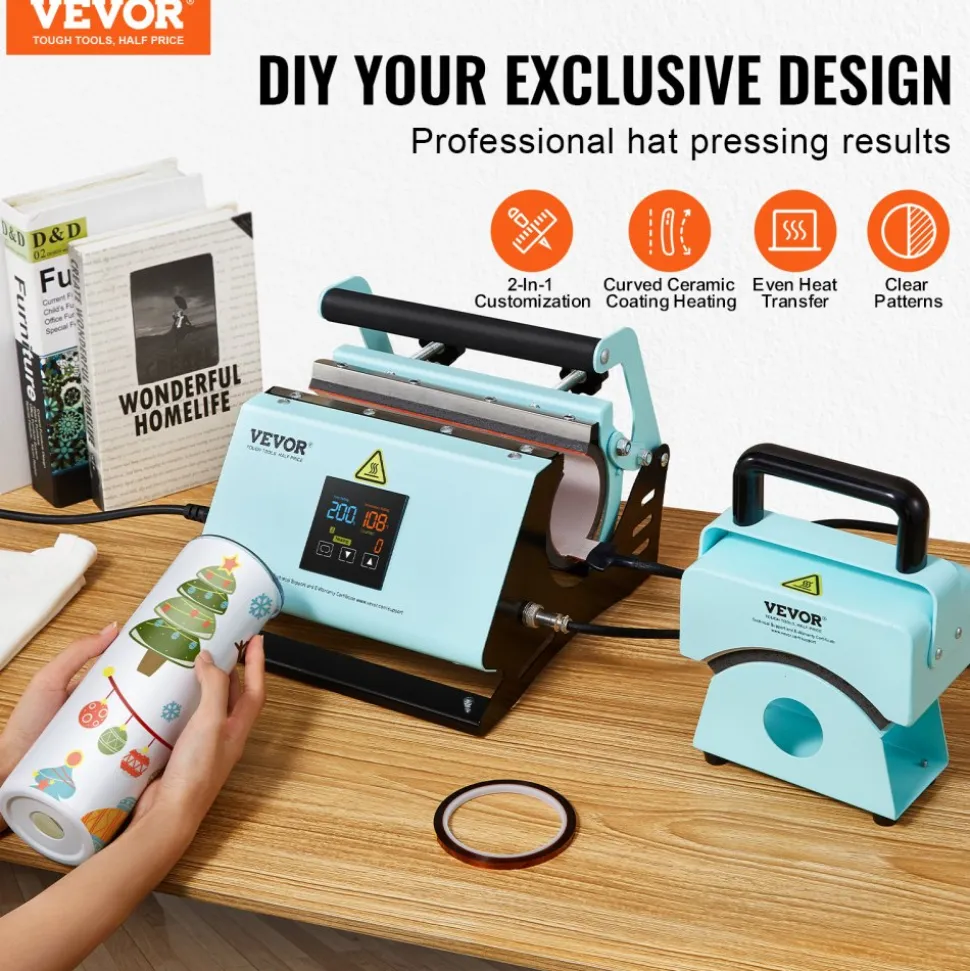 VEVOR 2 in 1 Tumbler and Hat Heat Press Machine, Mini Hat Heat Press for Caps and Hats, Tumbler Heat Press for 11-30oz Sublimation Tumblers and Mugs, Temperature and Time Control, Green
