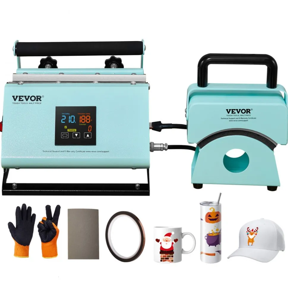 VEVOR 2 in 1 Tumbler and Hat Heat Press Machine, Mini Hat Heat Press for Caps and Hats, Tumbler Heat Press for 11-30oz Sublimation Tumblers and Mugs, Temperature and Time Control, Green