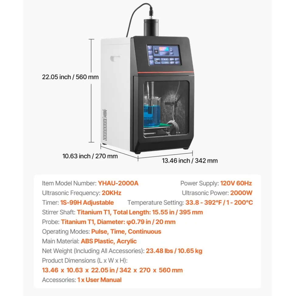 VEVOR 2 in 1 Ultrasonic Homogenizer, 2000W Power, 20KHz Frequency, 0.79 inch Titanium Alloy Probe, Continuous, Timer and Pulse Three Modes, Noise Reduction, Sonicator Processor Cell Disruptor Mixer