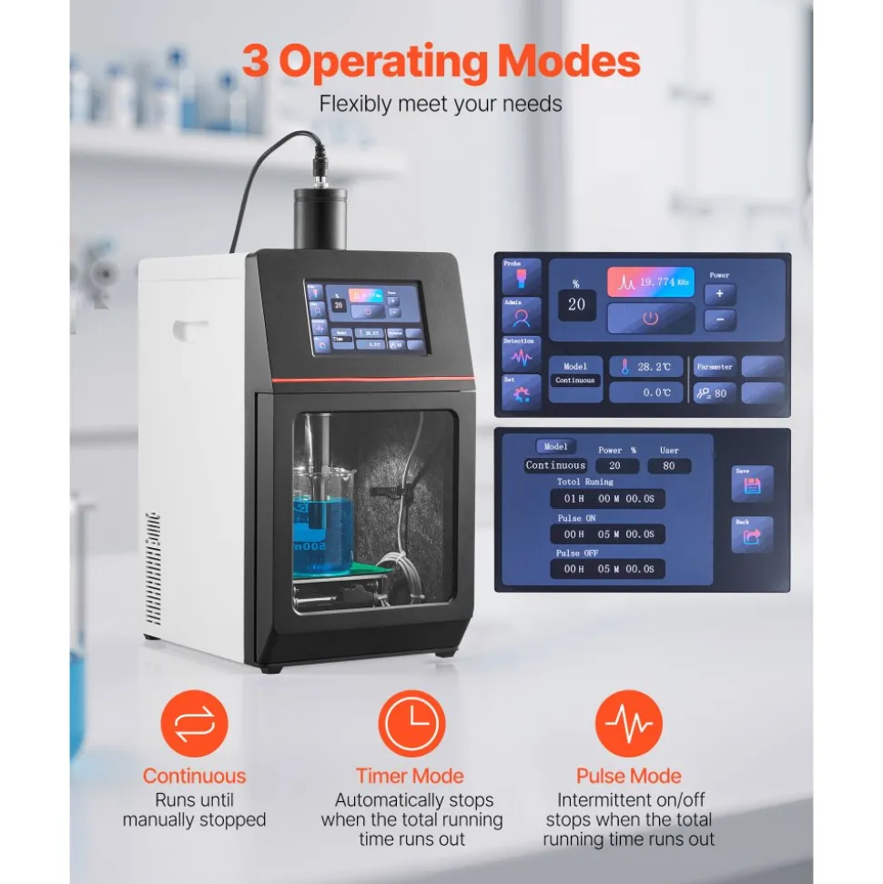 VEVOR 2 in 1 Ultrasonic Homogenizer, 2000W Power, 20KHz Frequency, 0.79 inch Titanium Alloy Probe, Continuous, Timer and Pulse Three Modes, Noise Reduction, Sonicator Processor Cell Disruptor Mixer