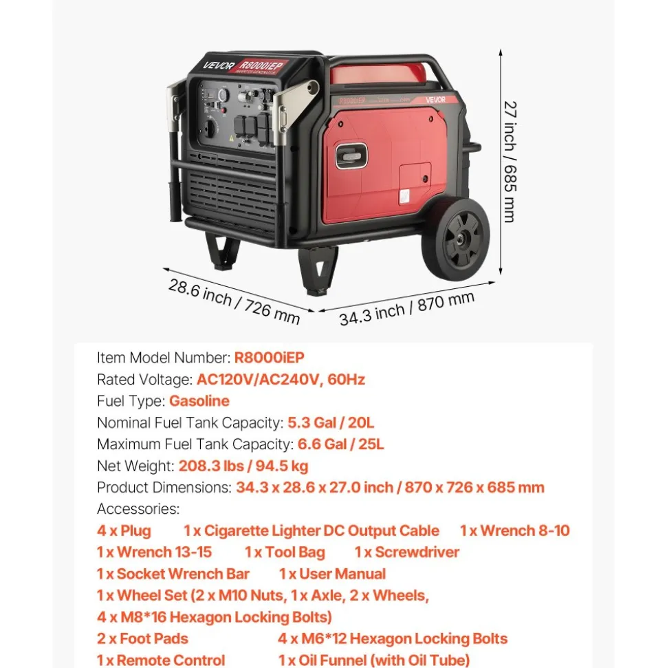 VEVOR Inverter Generator, 10KW Peak Watt Inverter Generator, Remote Start Inverters Generators for Home Outdoor, Gas Powered, Stable Power, CO Sensor, RV Ready 1A & 2.1A Outlet (6.8KW Operating Power)