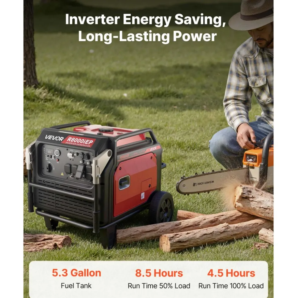VEVOR Inverter Generator, 10KW Peak Watt Inverter Generator, Remote Start Inverters Generators for Home Outdoor, Gas Powered, Stable Power, CO Sensor, RV Ready 1A & 2.1A Outlet (6.8KW Operating Power)