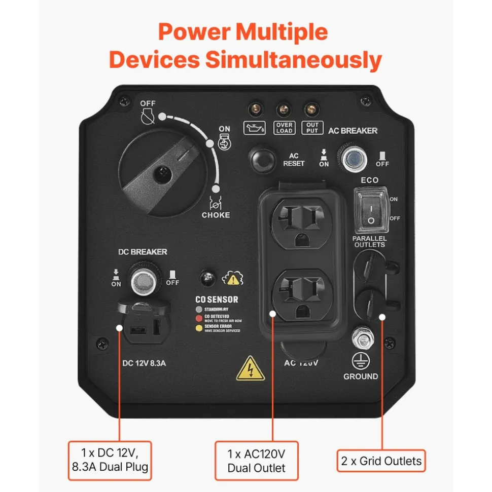 VEVOR Inverter Generator, 2900W Peak Watt Quiet Inverter Generator, Portable Inverters Generators for Home Use, Gas Powered, Compact and Lightweight Design - Stable Power, CO Sensor, Long Run Time